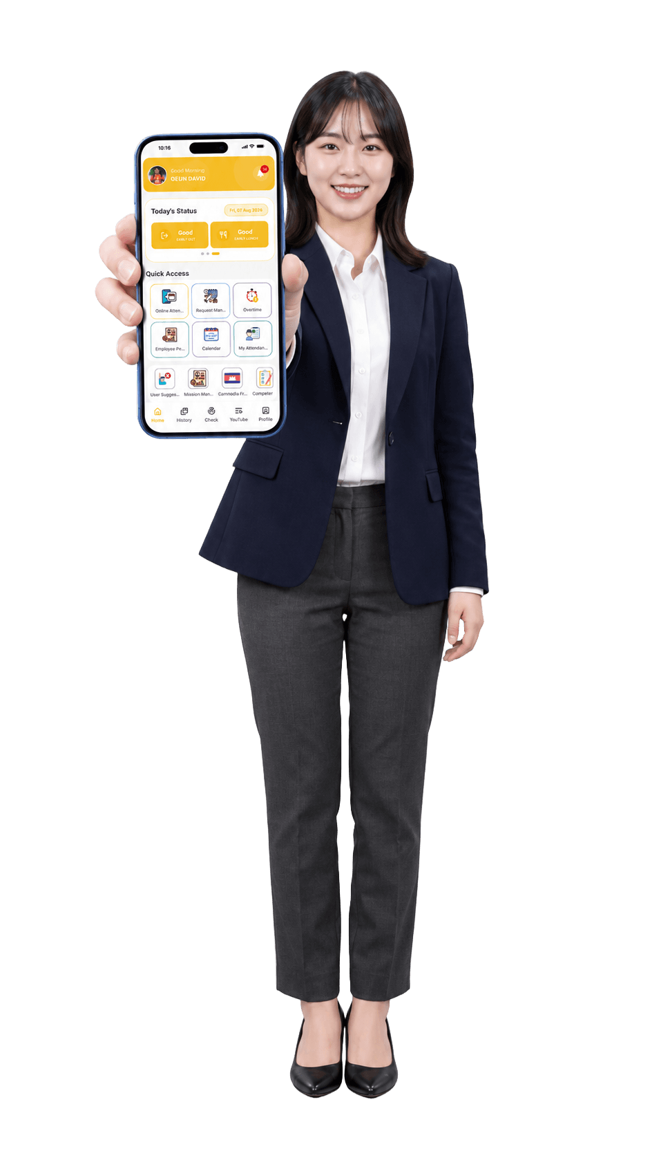 HR Professional holding mobile app